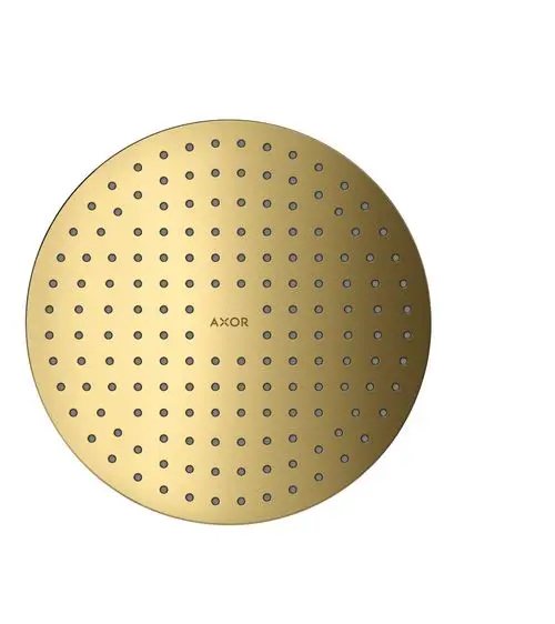 Runde Kopfbrause in poliertem Gold mit gleichmäßig verteilten Düsen und dem Logo der Marke AXOR in der Mitte.